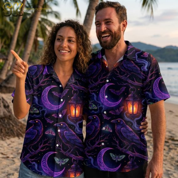 Couple wearing matching Halloween Hawaiian shirts with crow, moon, and lantern print, showing all available color options in the collection