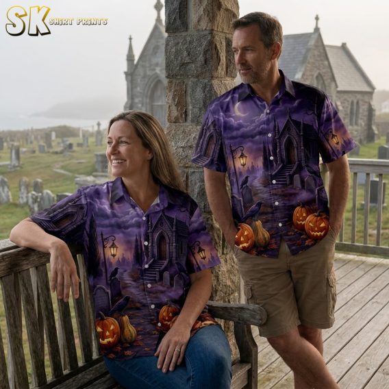 Couple wearing halloween costumes with a hawaiian shirt featuring gothic pumpkin graveyard print, shown together in all available color options