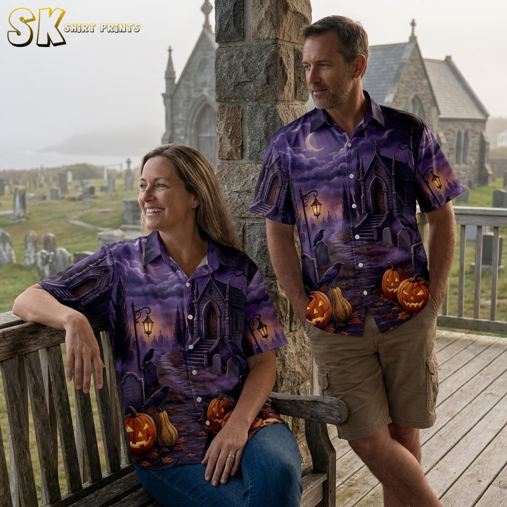 Couple wearing halloween costumes with a hawaiian shirt featuring gothic pumpkin graveyard print, shown together in all available color options
