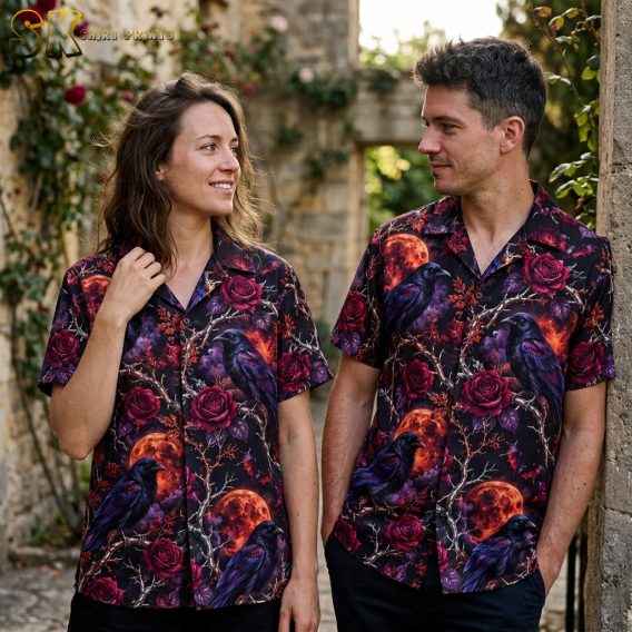 Couple lifestyle photo featuring the black halloween hawaiian shirt with an all-over gothic pattern of crows, roses, blood moons, and bats.