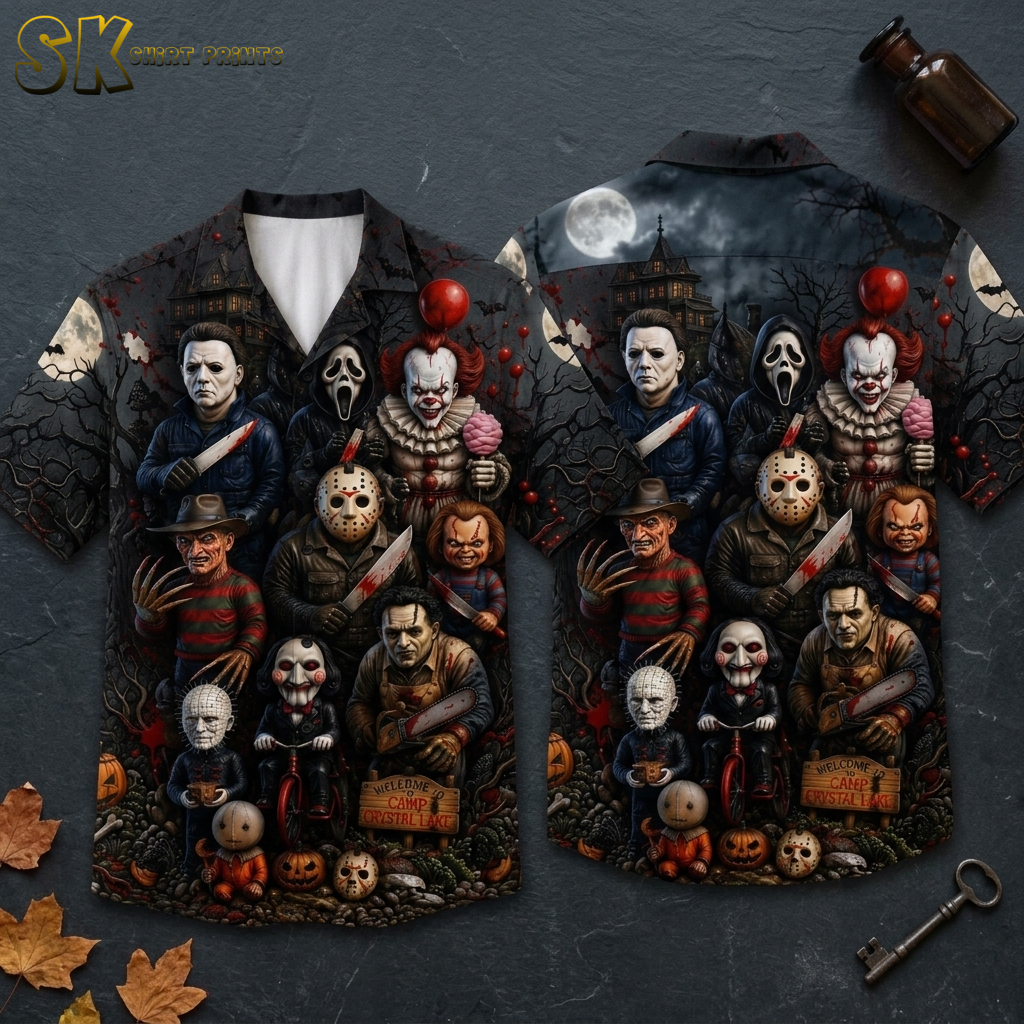 Halloween Hawaiian shirt laid flat showing front and back with horror movie characters, pumpkins, jack-o-lanterns, and a haunted house on a black all-over print