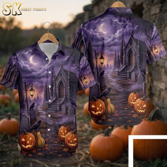 Halloween Hawaiian shirt with jack-o-lanterns, gothic mausoleum, gravestones, crows, and crescent moon on a purple and black background, shown front and back on hanger