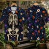 Halloween Hawaiian shirt displayed on hanger showing front skeleton ribcage illustration and back with jack-o'-lanterns, ghosts, and tropical flowers on dark blue background
