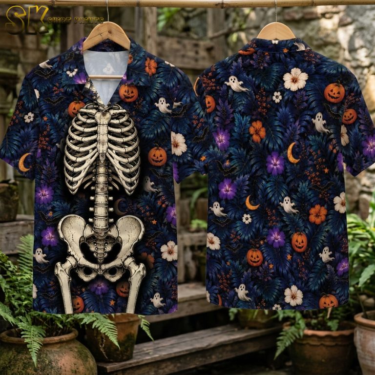 Halloween Hawaiian Shirt – Skeleton, Pumpkins & Tropical Spooky Print