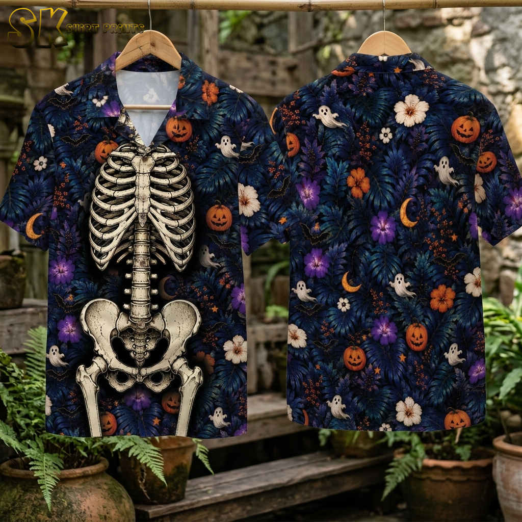 Halloween Hawaiian Shirt – Skeleton, Pumpkins & Tropical Spooky Print