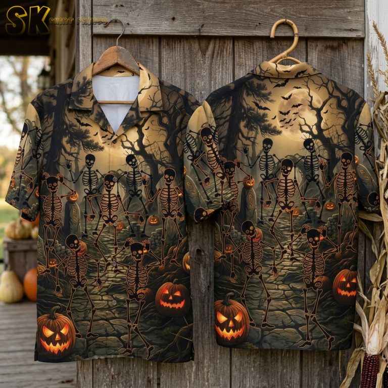 Halloween Hawaiian Shirt – Skeleton & Pumpkin Spooky Aloha Print