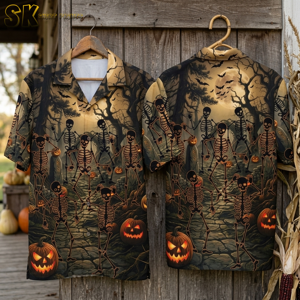 Halloween Hawaiian Shirt – Skeleton & Pumpkin Spooky Aloha Print