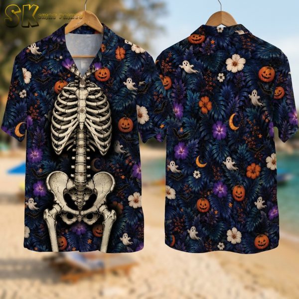 Halloween Skeleton Hawaiian Shirt – Tropical Horror Aloha with Pumpkins, Ghosts And Bats