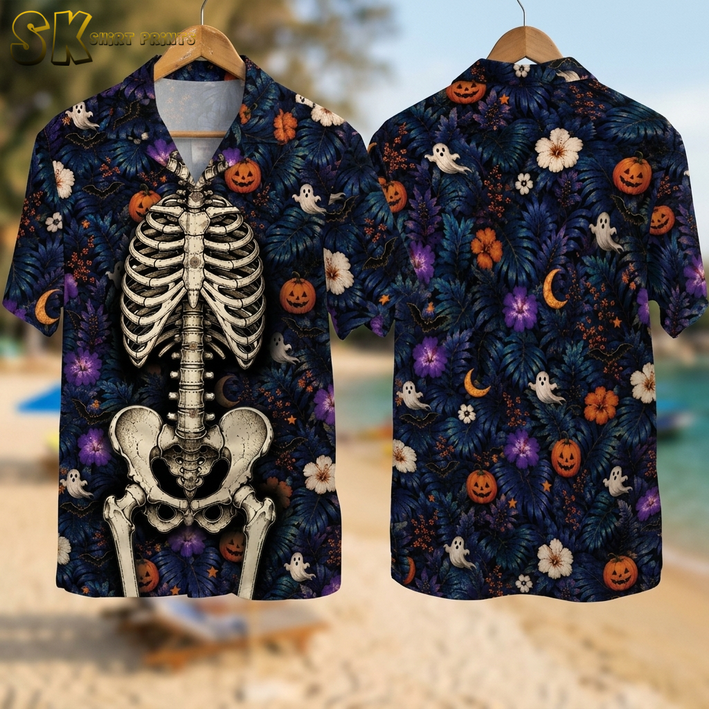 Halloween Skeleton Hawaiian Shirt – Tropical Horror Aloha with Pumpkins, Ghosts And Bats