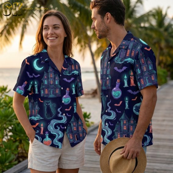 Couple wearing Halloween themed Hawaiian shirts showing all available color variants, each printed with haunted houses, bats, black cats, and neon Halloween motifs