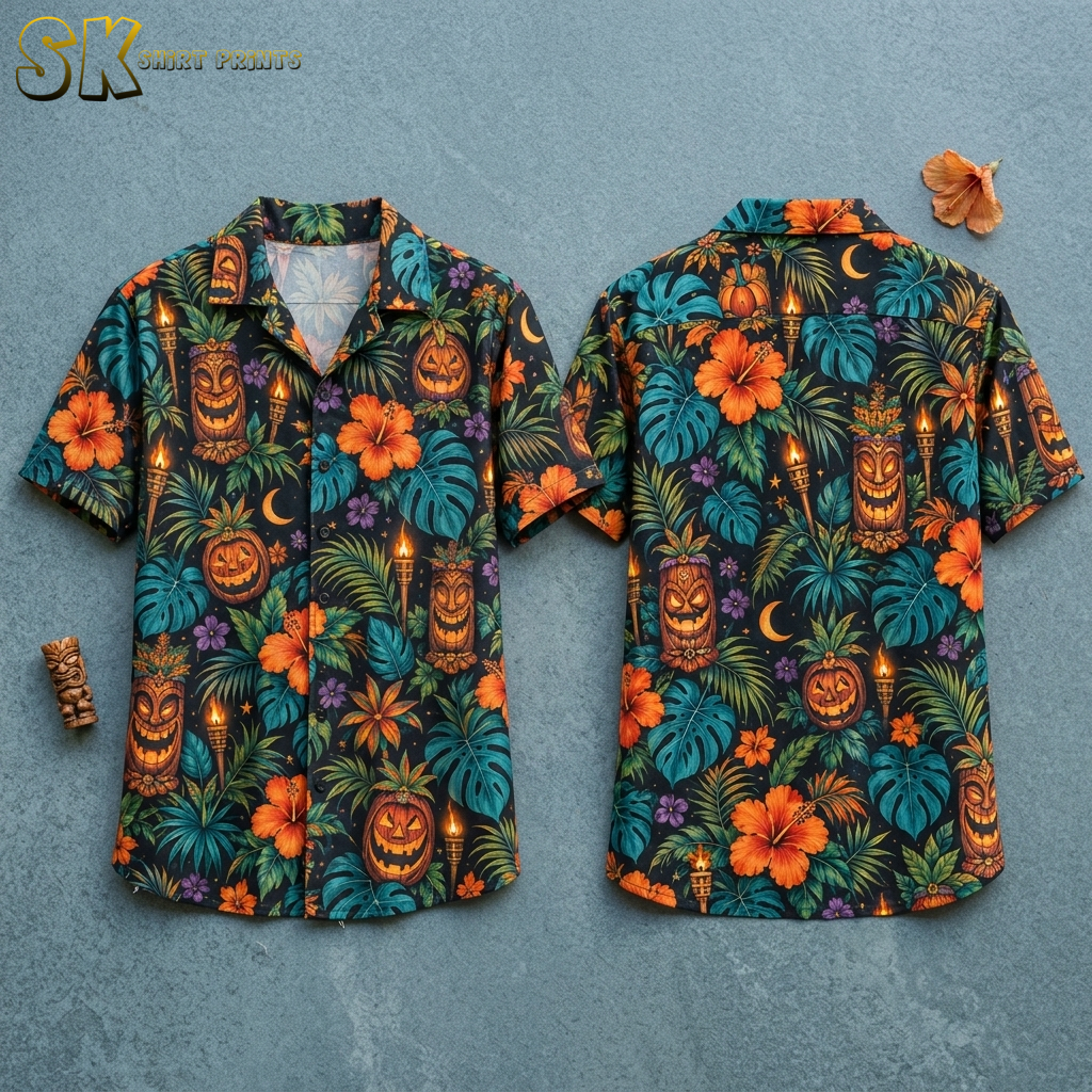 Flat lay of front and back of a black halloween themed hawaiian shirt showing tiki jack-o'-lantern carvings, torches, hibiscus, monstera leaves, crescent moons, and yellow stars.