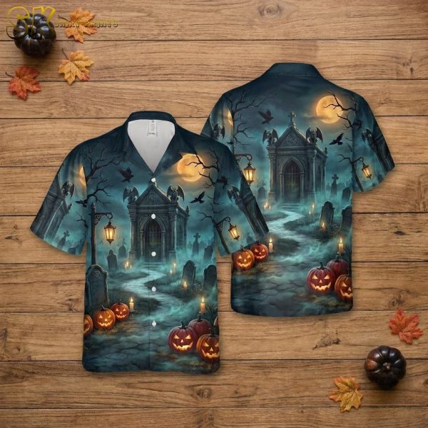Halloween Haunted Graveyard Hawaiian Shirt – Gothic Cemetery Button-Up