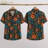 Front and back hanger view of a black halloween tiki shirt with jack-o'-lantern tiki carvings, glowing torches, orange hibiscus, and crescent moons.