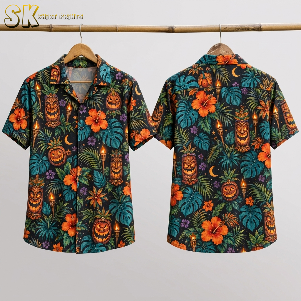 Front and back hanger view of a black halloween tiki shirt with jack-o'-lantern tiki carvings, glowing torches, orange hibiscus, and crescent moons.