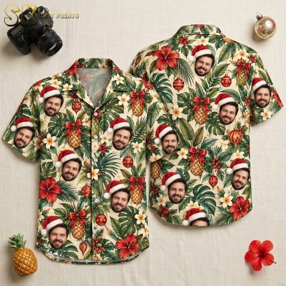 Front and back flat lay of a Hawaiian Christmas shirt mens style on beige background, showing Santa hat face print, hibiscus, pineapples, and red ornaments