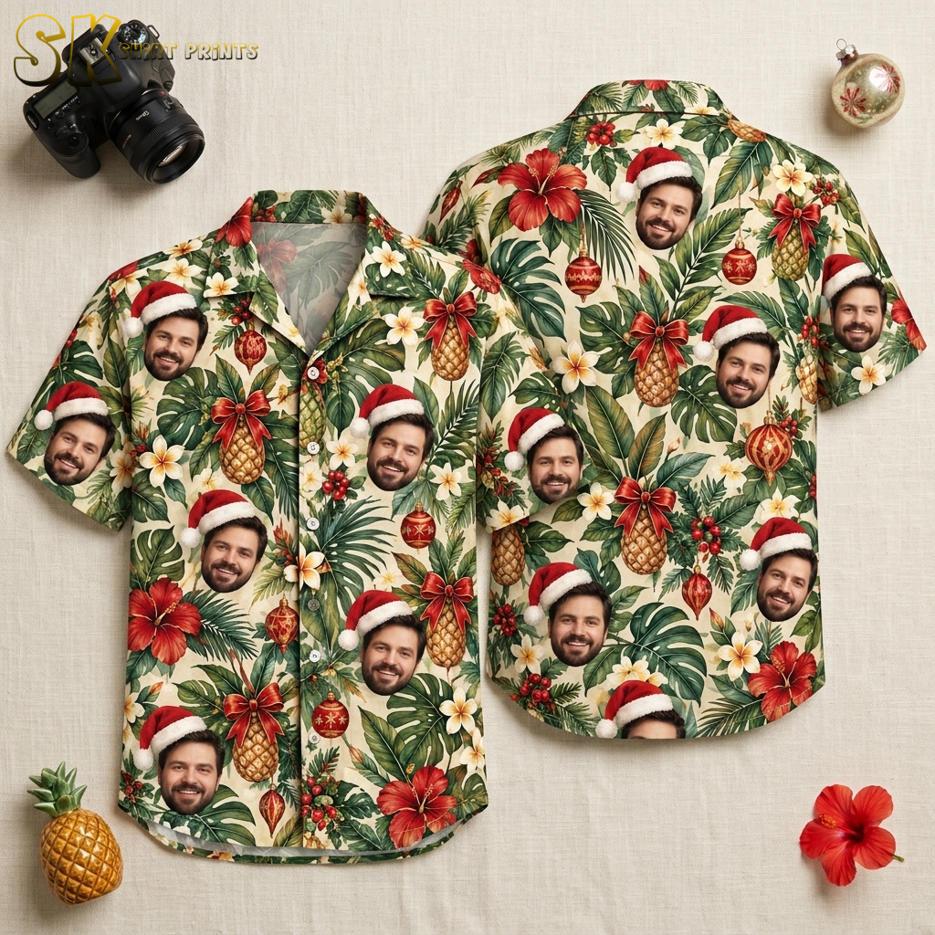 Front and back flat lay of a Hawaiian Christmas shirt mens style on beige background, showing Santa hat face print, hibiscus, pineapples, and red ornaments