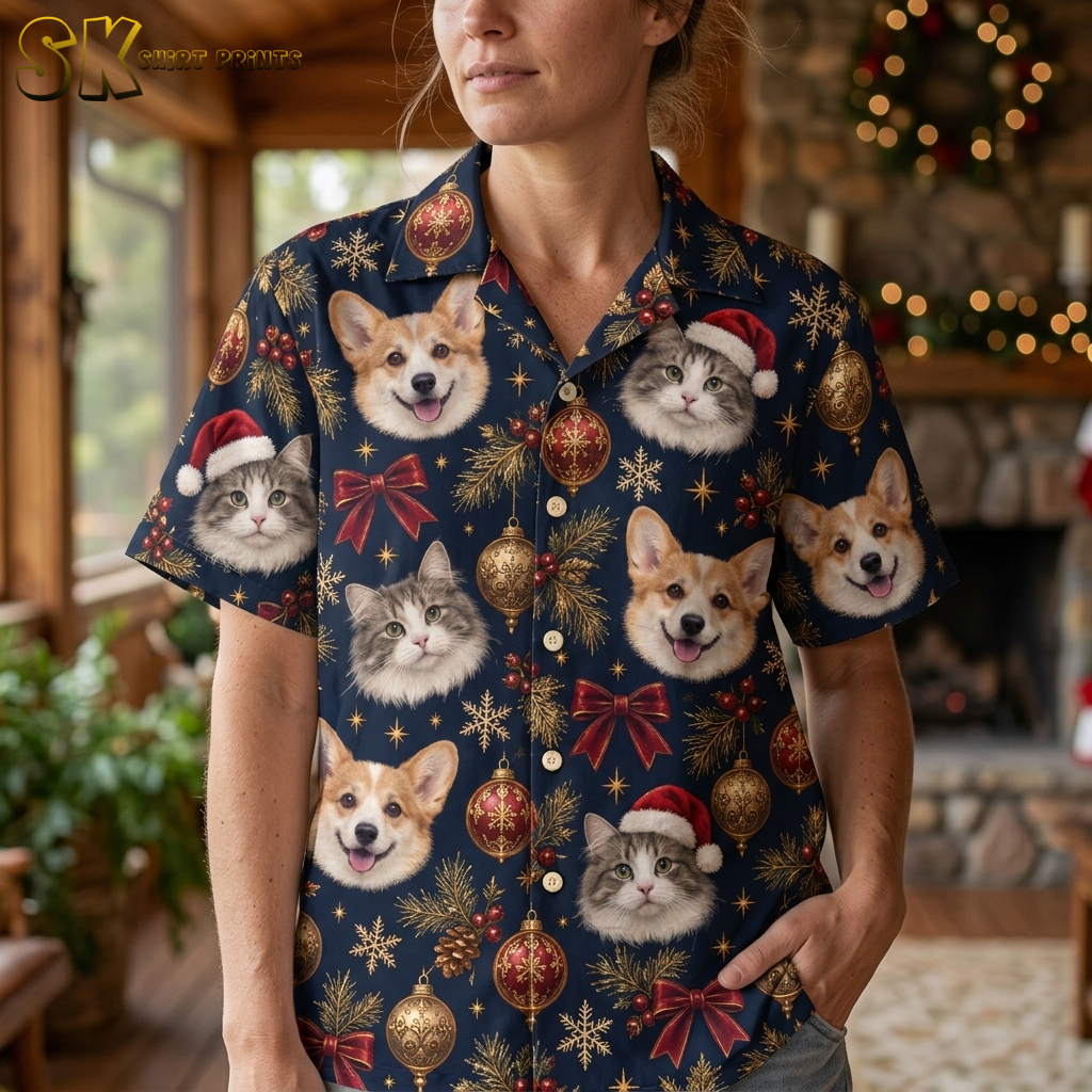 Woman wearing a Hawaiian Christmas shirt womens style, closeup view showing corgi and cat faces in Santa hats with gold ornaments and red bows on dark blue fabric