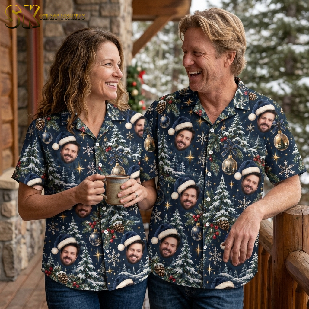 Couple wearing matching Hawaiian Christmas shirts with dark blue Santa hat face pattern, festive holiday button-up shirts for men and women