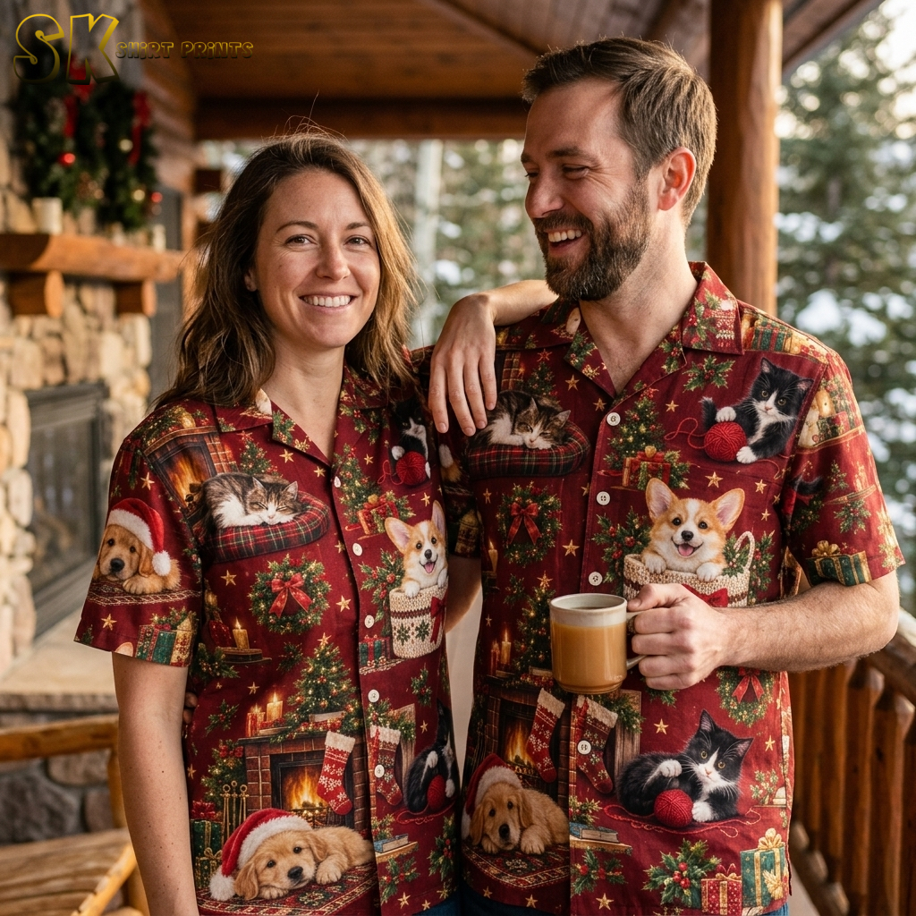 Couple wearing matching hawaiian christmas shirts for family with corgi, kitten, and golden retriever holiday print in red and green