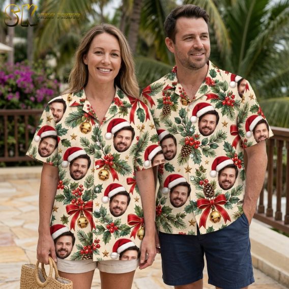 Couple wearing matching Hawaiian Christmas shirts with Santa face pattern, holly leaves, bells, and gold stars on beige background