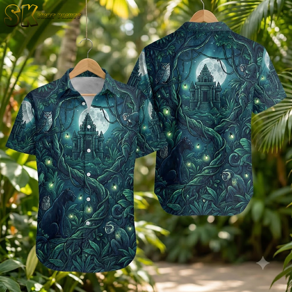 Front and back hanger view of a Hawaiian shirt costume with midnight blue and emerald green jungle temple and twisting vine print