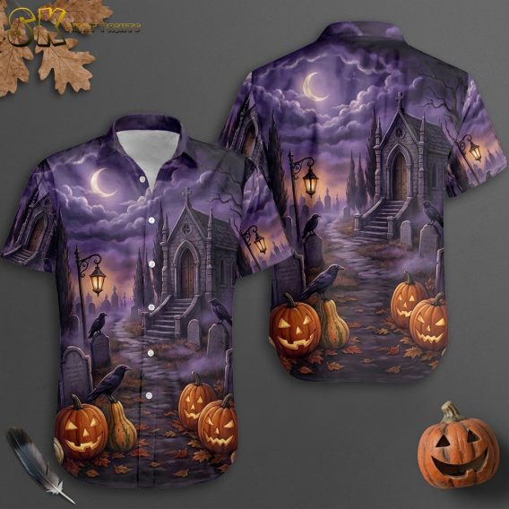 Flat lay of a hawaiian shirt costume with all-over gothic graveyard print showing jack-o-lanterns, crescent moon, crows, and barren trees on purple and black fabric, front and back