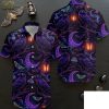 Flat lay front and back view of a Hawaiian shirt Halloween costume with crow, crescent moon, lantern, bat, and moth all-over print in black and purple