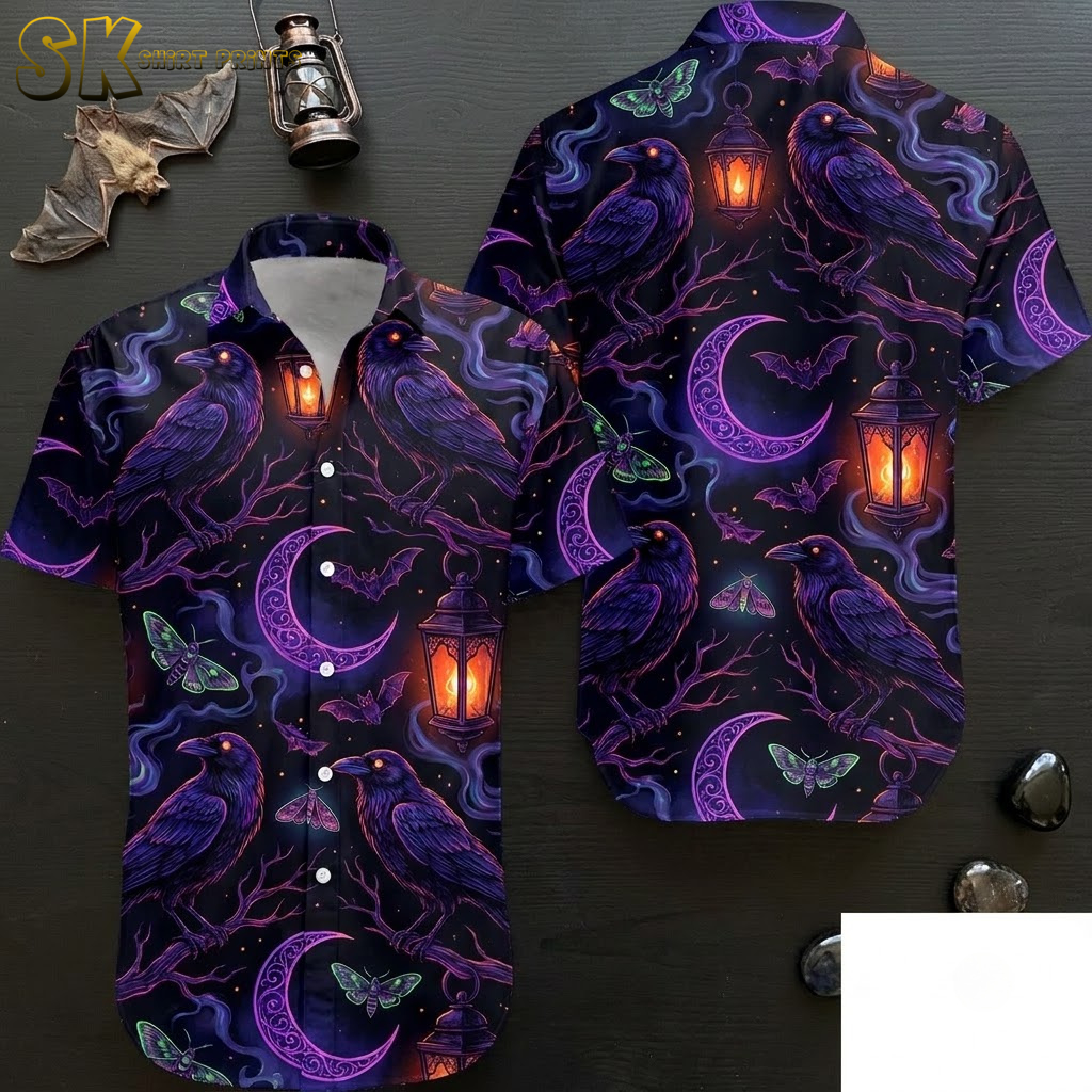 Flat lay front and back view of a Hawaiian shirt Halloween costume with crow, crescent moon, lantern, bat, and moth all-over print in black and purple