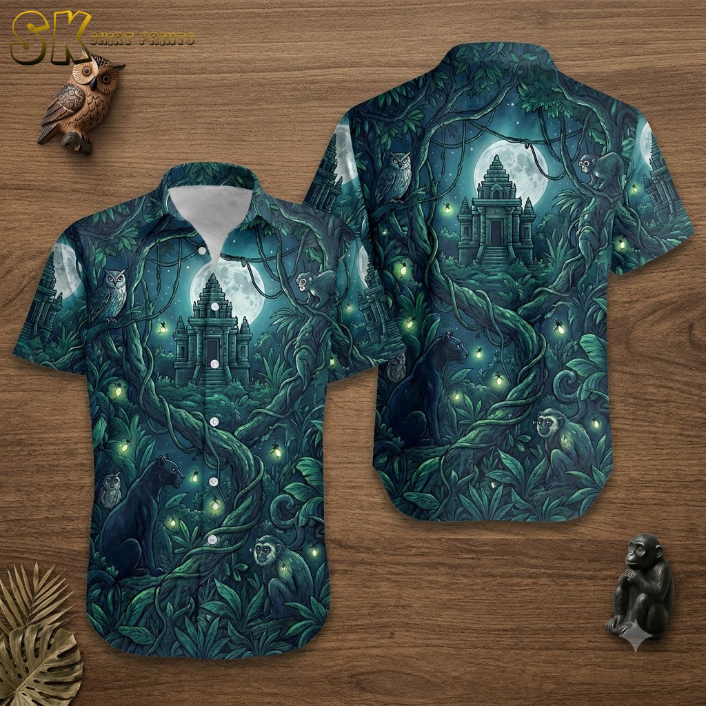 Flat lay front and back of a Hawaiian shirt Halloween costume idea featuring midnight blue jungle temples, twisting vines, and luminescent silver firefly print