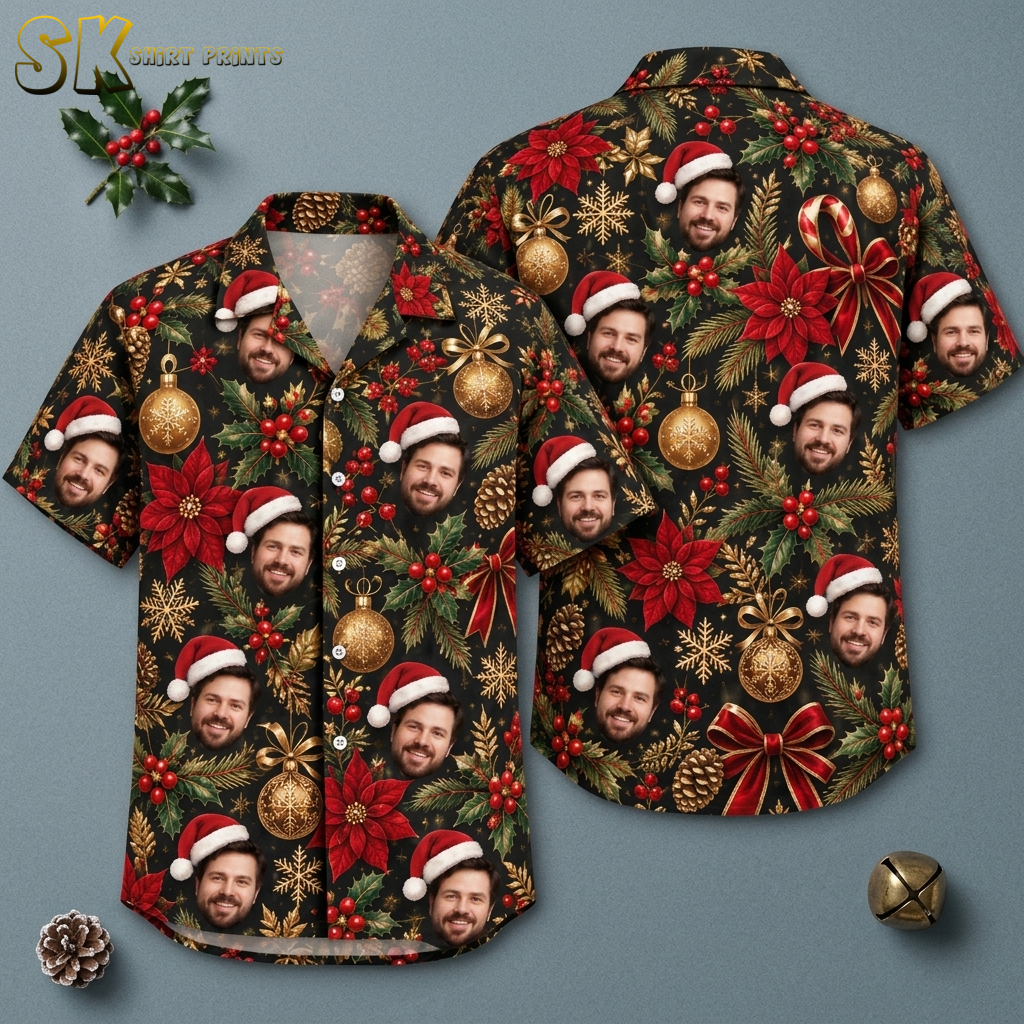 Hawaiian shirt with Santa Claus print laid flat showing front and back, black button-up with Santa faces, poinsettias, holly, candy canes, and gold Christmas ornaments