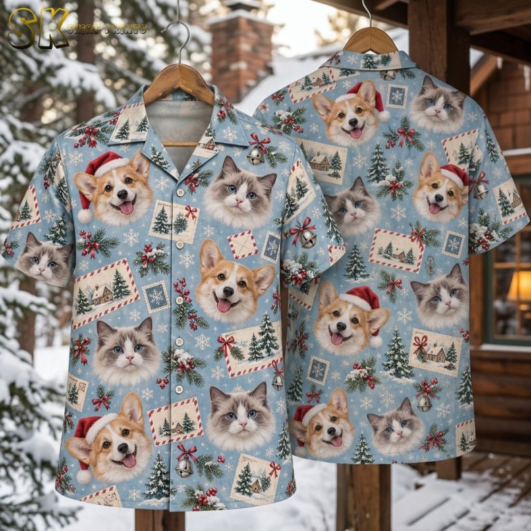 Mens Tropical Christmas Shirt – Corgi & Cat Santa Holiday Button-Up