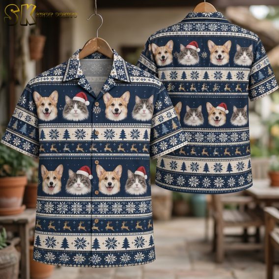 Front and back hanger view of a Hawaiian style Christmas shirt with a navy blue and cream pattern featuring dogs and cats wearing Santa hats, snowflakes, Christmas trees, and reindeer