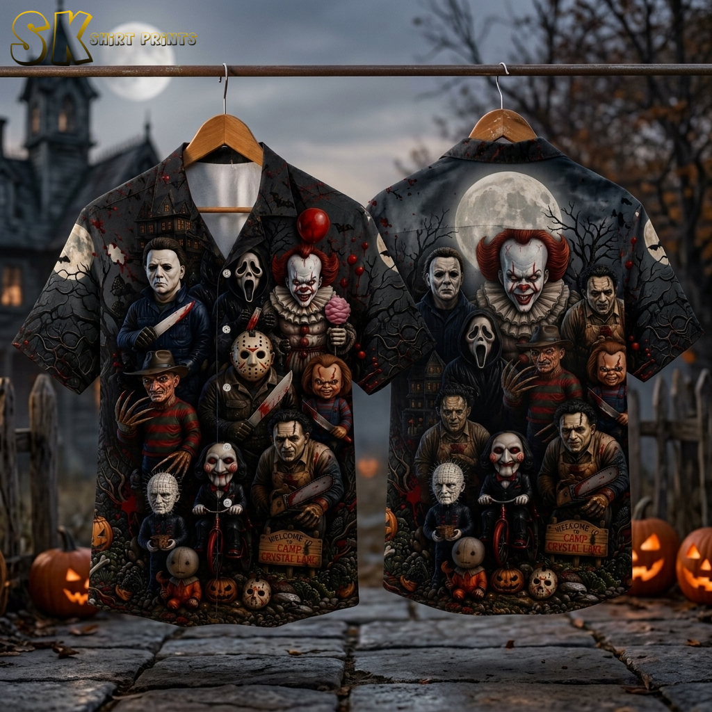 Horror Hawaiian shirt shown front and back on hanger, featuring classic horror movie characters, pumpkins, jack-o-lanterns, and a dark haunted house on a black background with red and orange accents