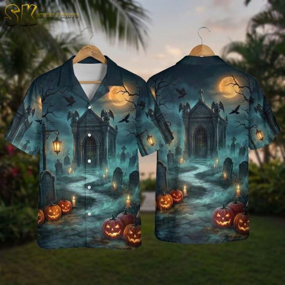 Horror Hawaiian shirt with haunted graveyard design shown front and back on hanger, featuring mausoleum, jack-o-lanterns, bats, and full moon in dark blue and black
