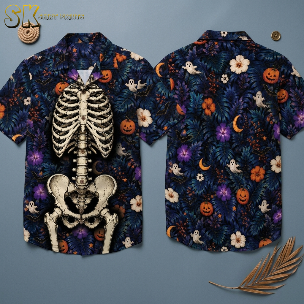 Flat lay of horror hawaiian shirt showing front with skeleton ribcage print and back with pumpkins, ghosts, and tropical florals on dark blue and black background