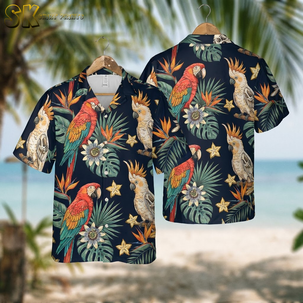 Horror hawaiian shirt with parrot and tropical foliage print shown front and back on hanger, navy blue with green red and orange motifs