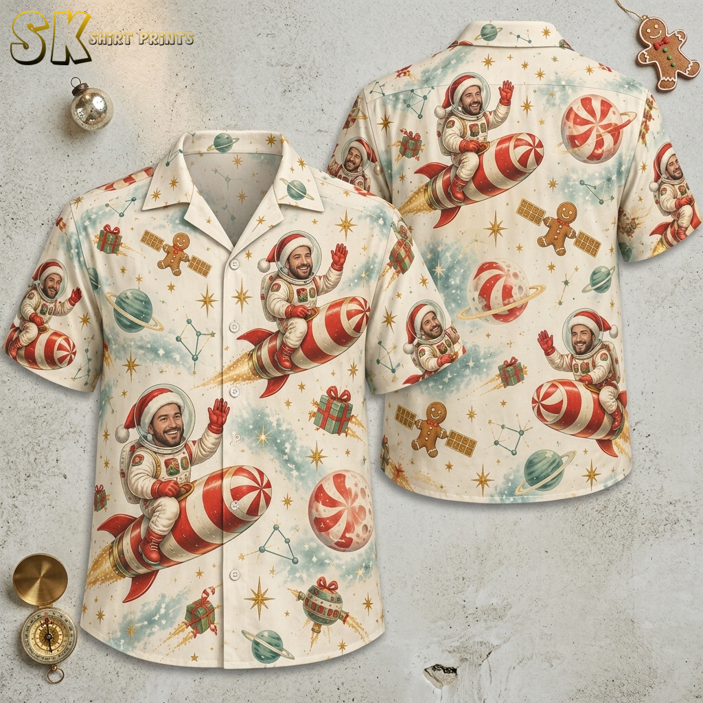 Front and back flat lay of a long sleeve Hawaiian Christmas shirt with astronaut Santa riding a candy cane rocket, gingerbread men, planets, and stars in cream, red, and green