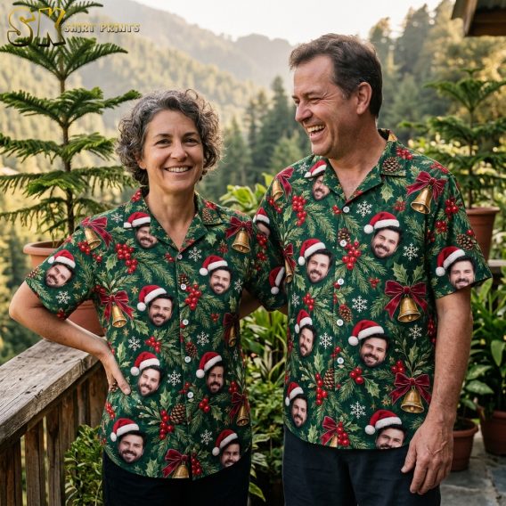 Couple wearing matching dark green Christmas Hawaiian shirts with Santa hat face and holiday motif pattern in a lifestyle photo