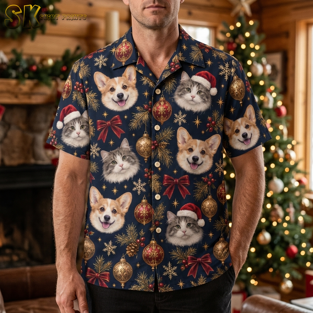 Man wearing a mens Christmas Hawaiian shirt with corgi and cat Santa hat print on dark blue fabric, short-sleeve button-up in a lifestyle setting