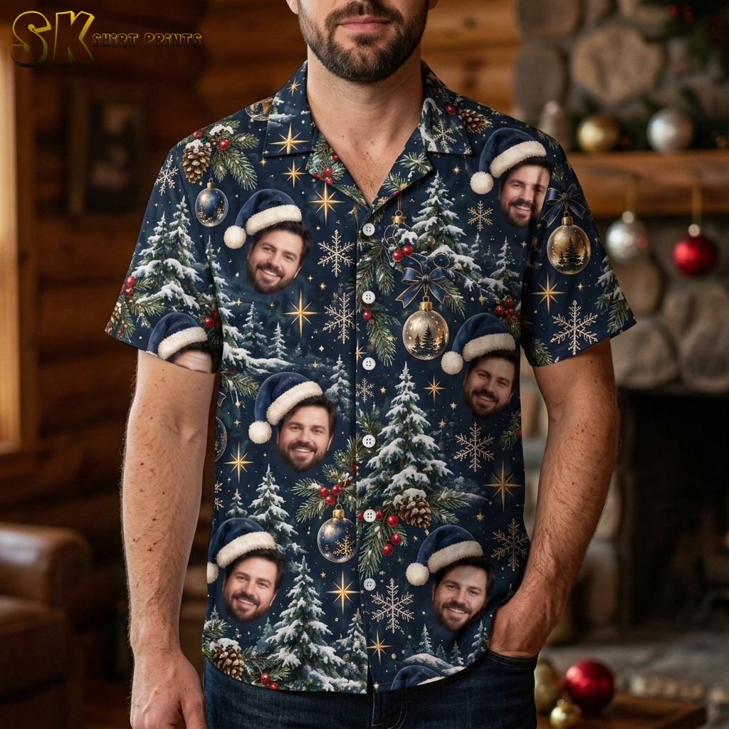 Man wearing a mens Christmas Hawaiian shirt with dark blue Santa hat face pattern, short sleeve button-up holiday shirt