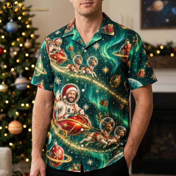 Man wearing a mens christmas hawaiian shirt with Santa in a spacesuit and reindeer design in dark green and red, short-sleeve button-up lifestyle photo