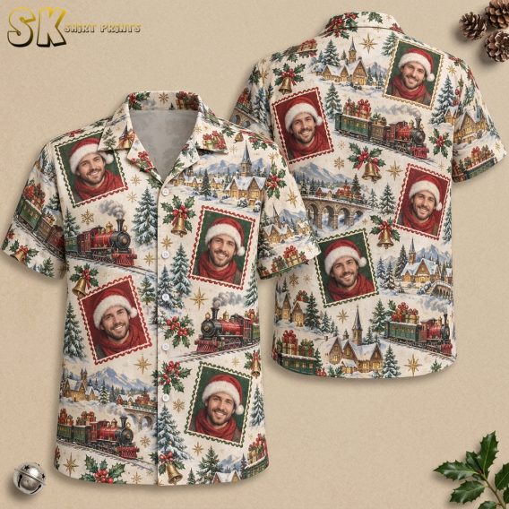 Flat lay of mens christmas print short sleeve shirt with lapel collar and chest pocket, showing full front and back of vintage Santa portrait stamp Hawaiian shirt in cream red and green