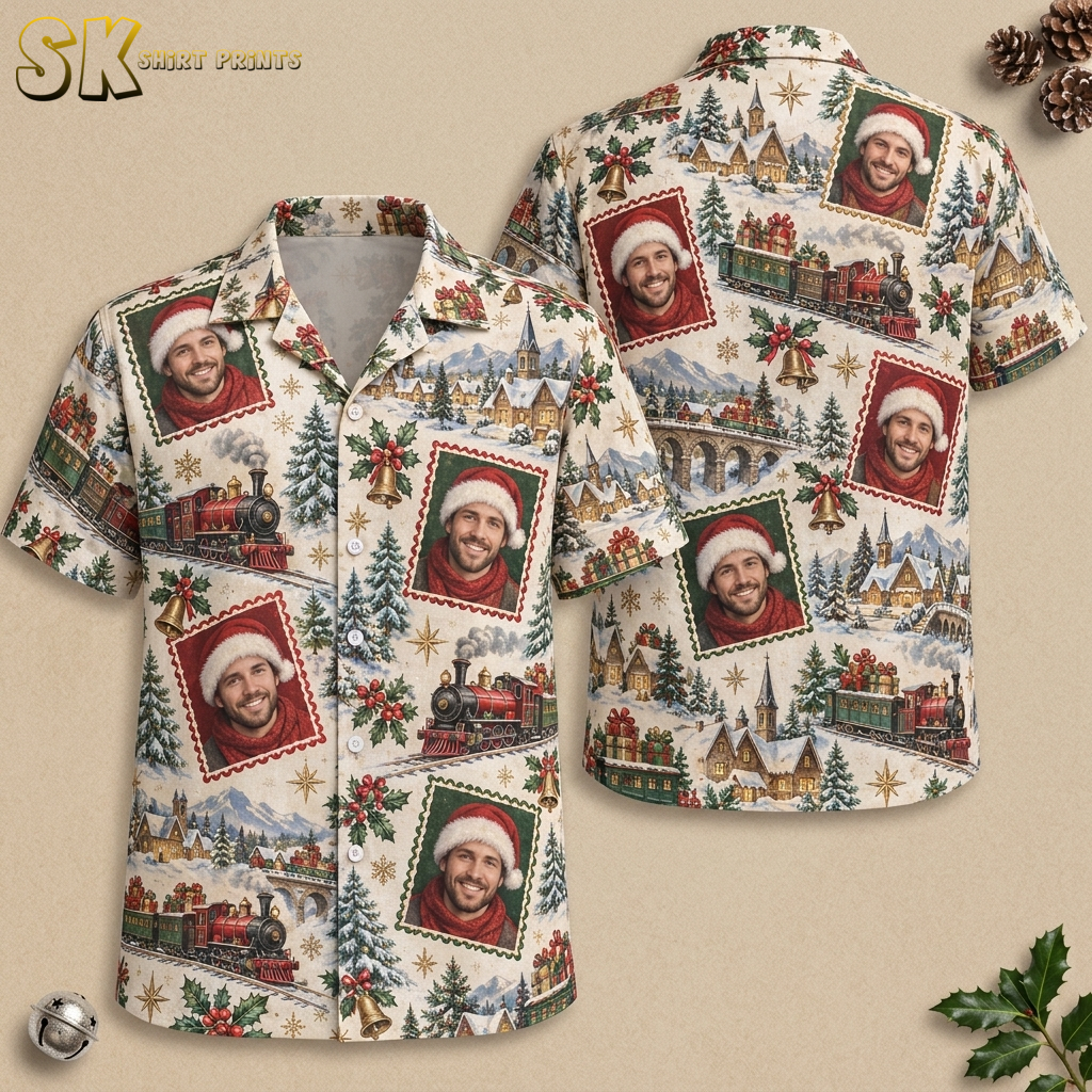 Flat lay of mens christmas print short sleeve shirt with lapel collar and chest pocket, showing full front and back of vintage Santa portrait stamp Hawaiian shirt in cream red and green