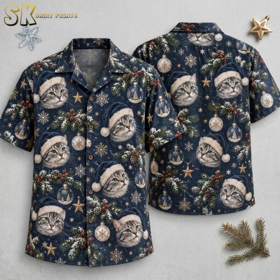 Flat lay front and back view of a mens Christmas print short sleeve Hawaiian shirt with lapel collar and chest pocket, dark blue cat Santa hat holiday pattern