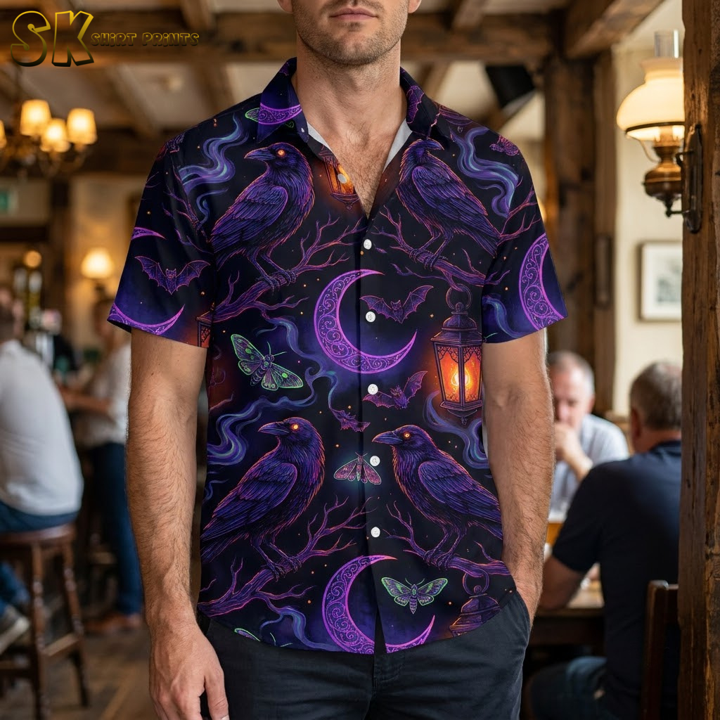 Male model wearing a men's Halloween Hawaiian shirt with crow, moon, lantern, and bat print in deep purple and black