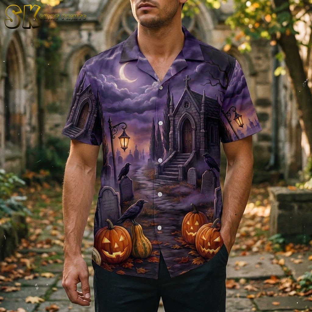 Man wearing a mens halloween hawaiian shirt with gothic graveyard, jack-o-lanterns, crows, and purple night sky all-over print