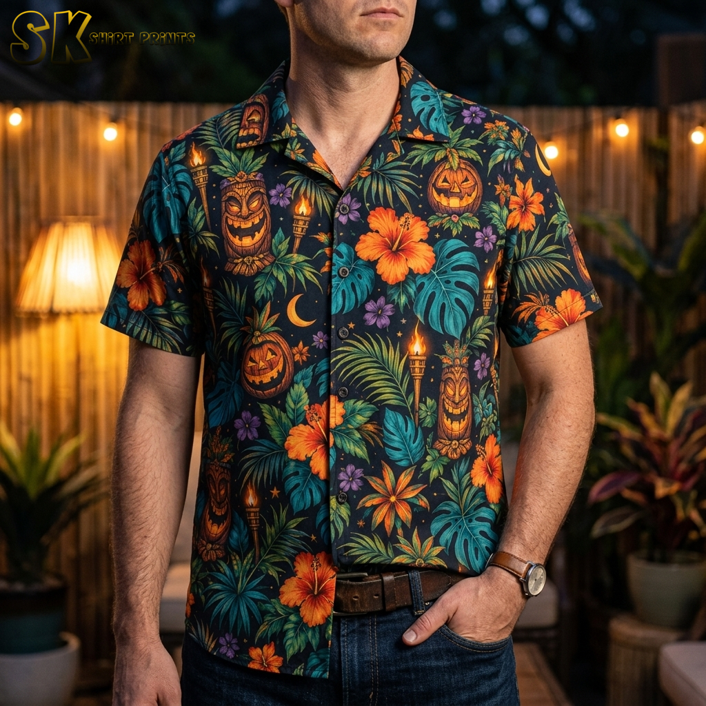 Man wearing a black mens halloween hawaiian shirt with tiki jack-o'-lantern carvings, torches, and tropical flowers in orange, green, and yellow.