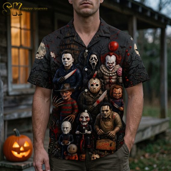 Man wearing a mens Halloween Hawaiian shirt with horror movie characters, pumpkins, and jack-o-lanterns on a black all-over print, shown in a lifestyle setting
