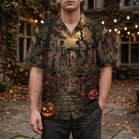 Man wearing a mens Halloween Hawaiian shirt with skeleton, jack-o'-lantern, bat, and dark forest print in black and orange