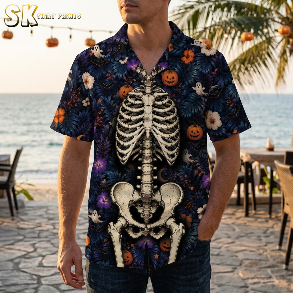 Man wearing a mens halloween hawaiian shirt with skeleton ribcage front print and jack-o'-lantern tropical pattern in dark blue and orange